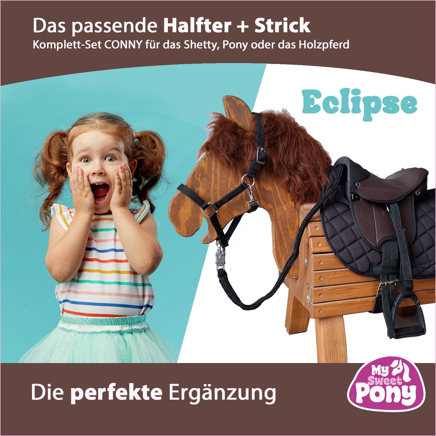My Sweet Pony Kinder Shettysattel-Set Eclipse mit Halfter und Führstrick für Pony Shetty und Holzpferd