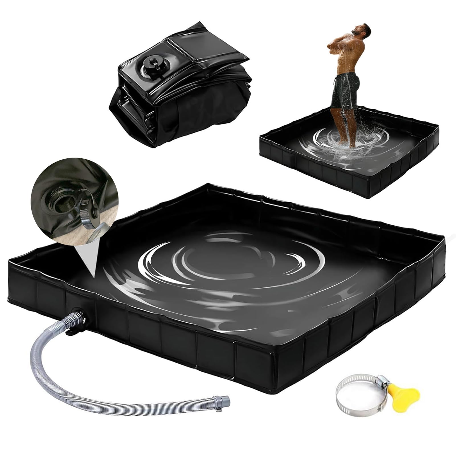 GOZYLA Faltbare Duschbasis Tragbares Duschwanne mit Ablaufschlauch: Duschzeltbasis Große Duschzelt Mobiles Outdoor Camping Zelt Markise Basis für Indoor Haustier Badewanne (Schwarz, 104x104x13cm)