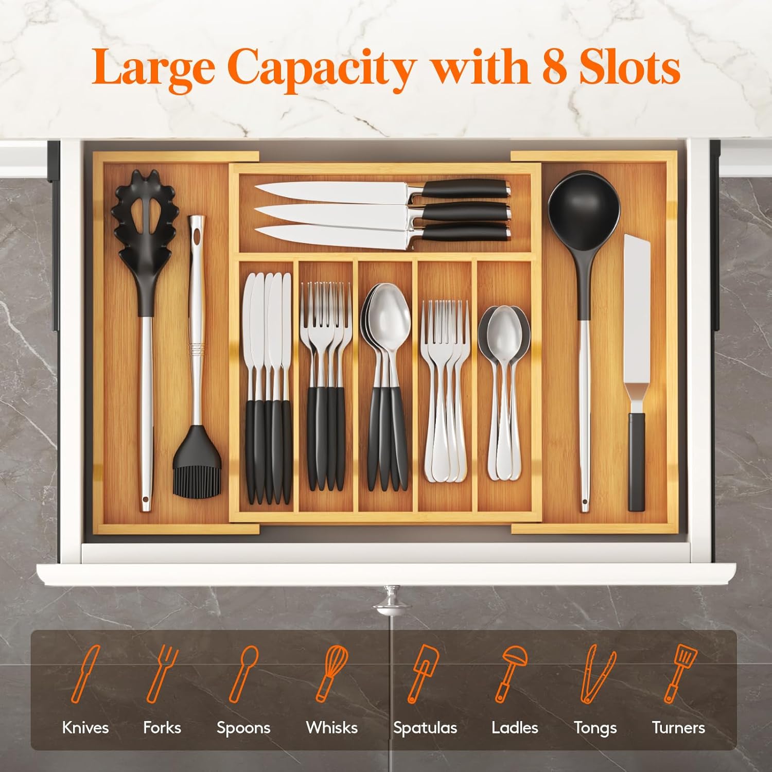 Lifewit Silverware Drawer Organizer, Expandable Utensil Tray for Kitchen, Flatware and Cutlery Holder, Wood Adjustable Storage for Spoons Forks Knives, 13-22x15/ 33-56x38cm, Natural