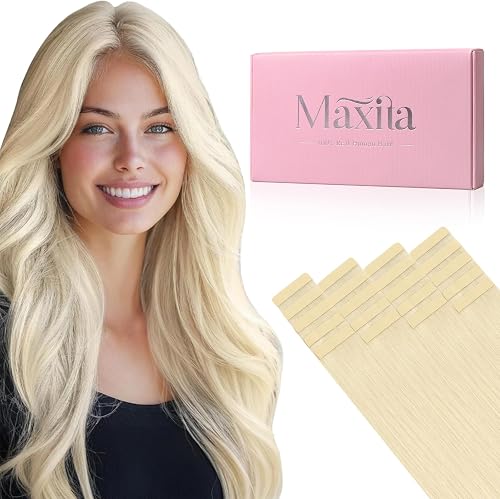 MAXITA Hair Extensions Real Human Hair Tape in, 50g 24 Inch Platinum Blonde Invisible Tape in Extensions Human Hair 20pcs Invisible Seamless Hair Extensions Straight Hair