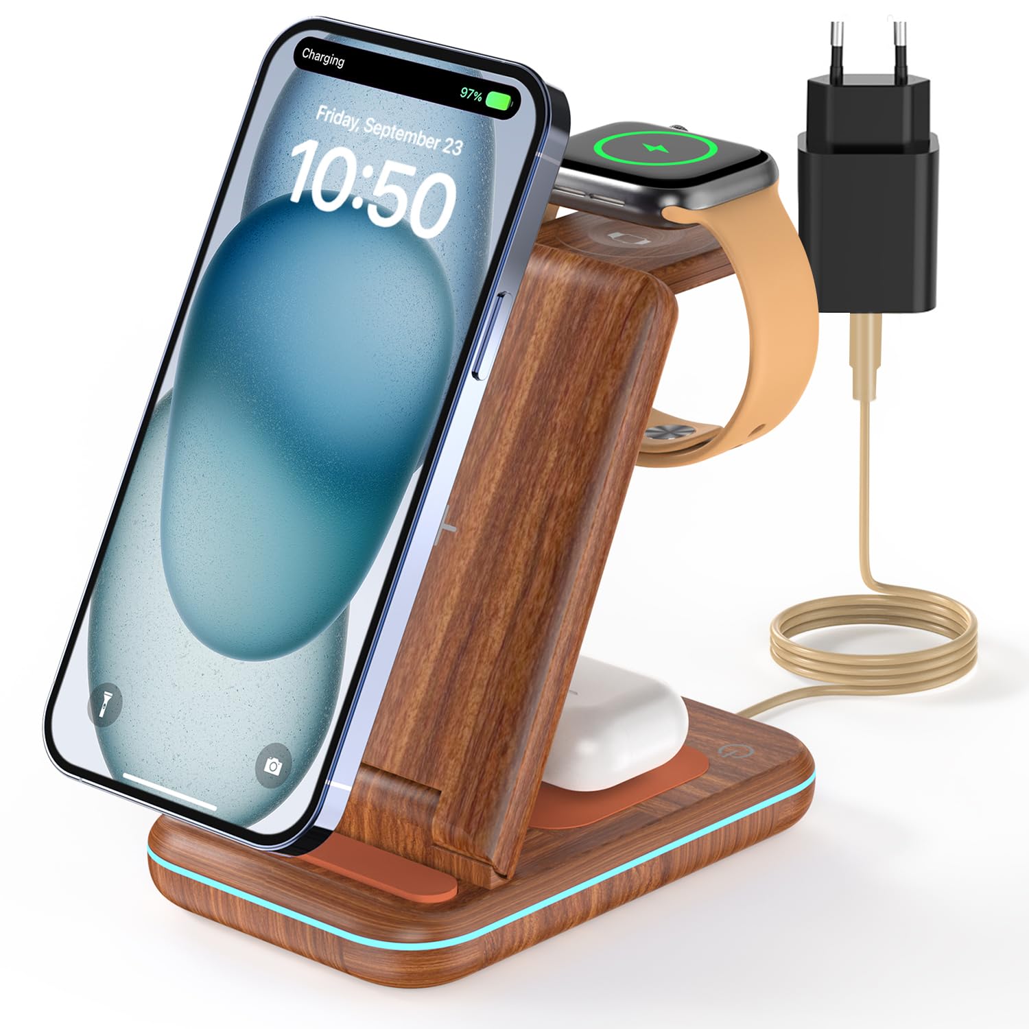 JoyGeek Caricabatterie wireless 3 in 1 pieghevole per i Phone 15/14/13/12/11/Pro Max/X, stazione di ricarica induttiva per iWatch 9/Ultra/SE/8/7/6/5/4, AirPods 2/3/Pro, Real Wood Grain