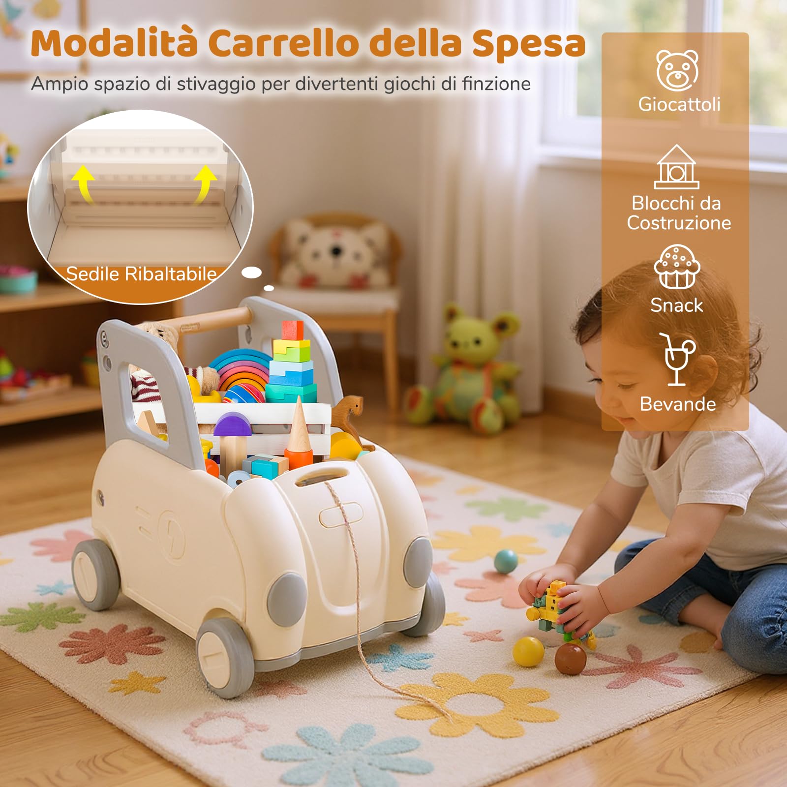 COSTWAY Girello Primi Passi Bambini, Carrello a Spinta con Contenitore