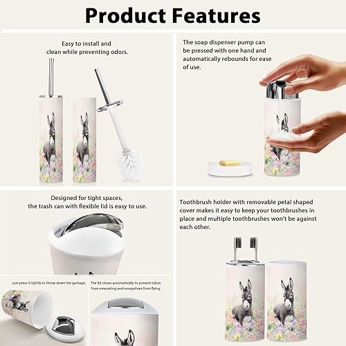 Miniatura 5 de Juego de accesorios de baño, 6 piezas bohemio elegante burro vibrante acuarela basura, soporte para cepillos de dientes, dispensador de jabón,