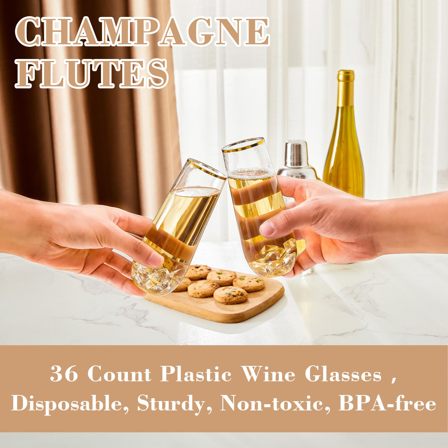 N9R Paquete de 36 copas de champán de plástico, 9 onzas sin tallo desechables, con borde dorado, copas de cóctel transparentes para bebidas, irrompibles, ideales para fiestas, bodas, cumpleaños
