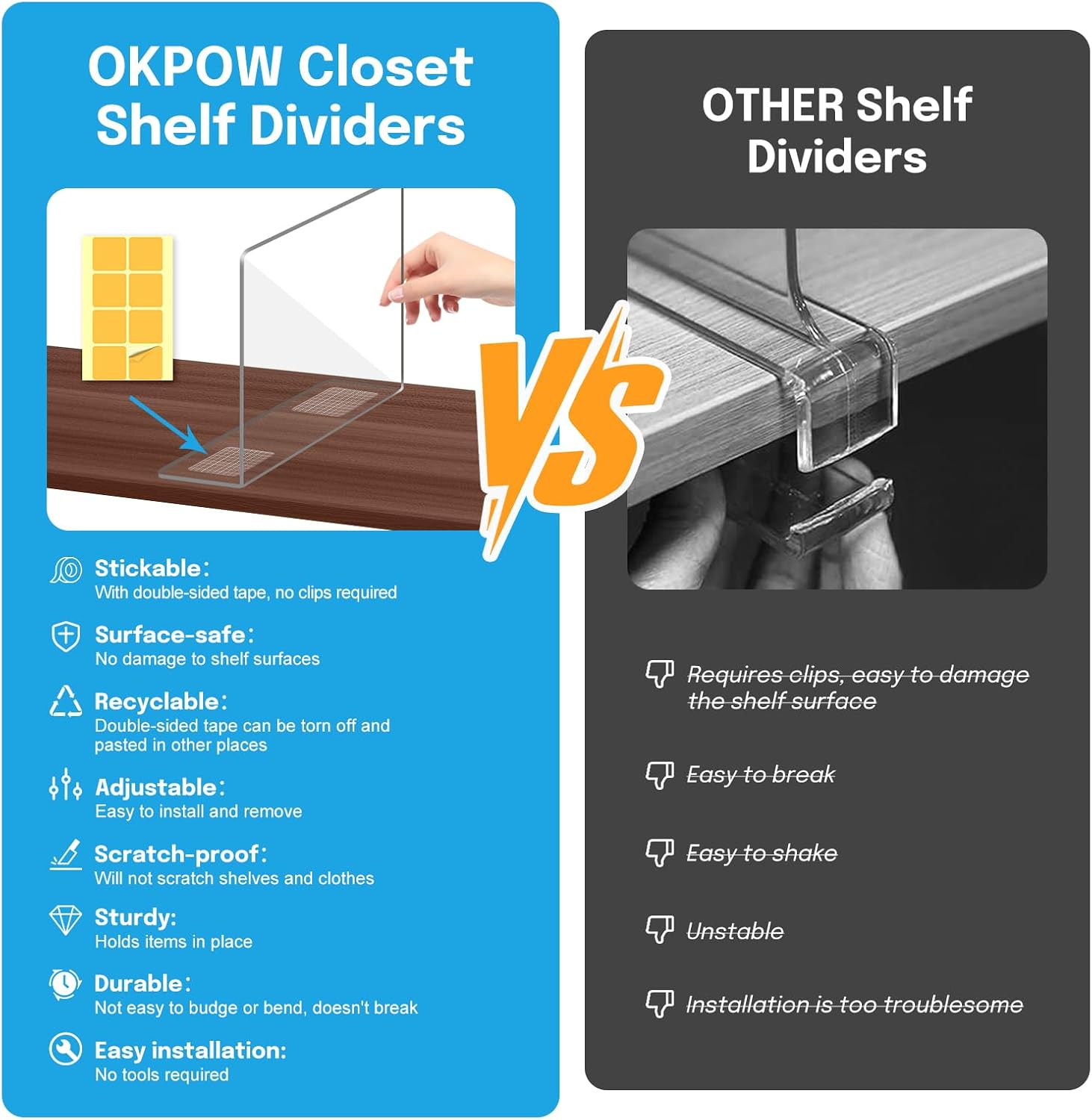 OKPOW Shelf Dividers Closet Organizer - 12" Tall X 11.8" Deep Acrylic Clear Sturdy Separate for Clothes Purse - Adjustable Space Saver Easy Install for Home Organization Enthusiasts 8 Pack
