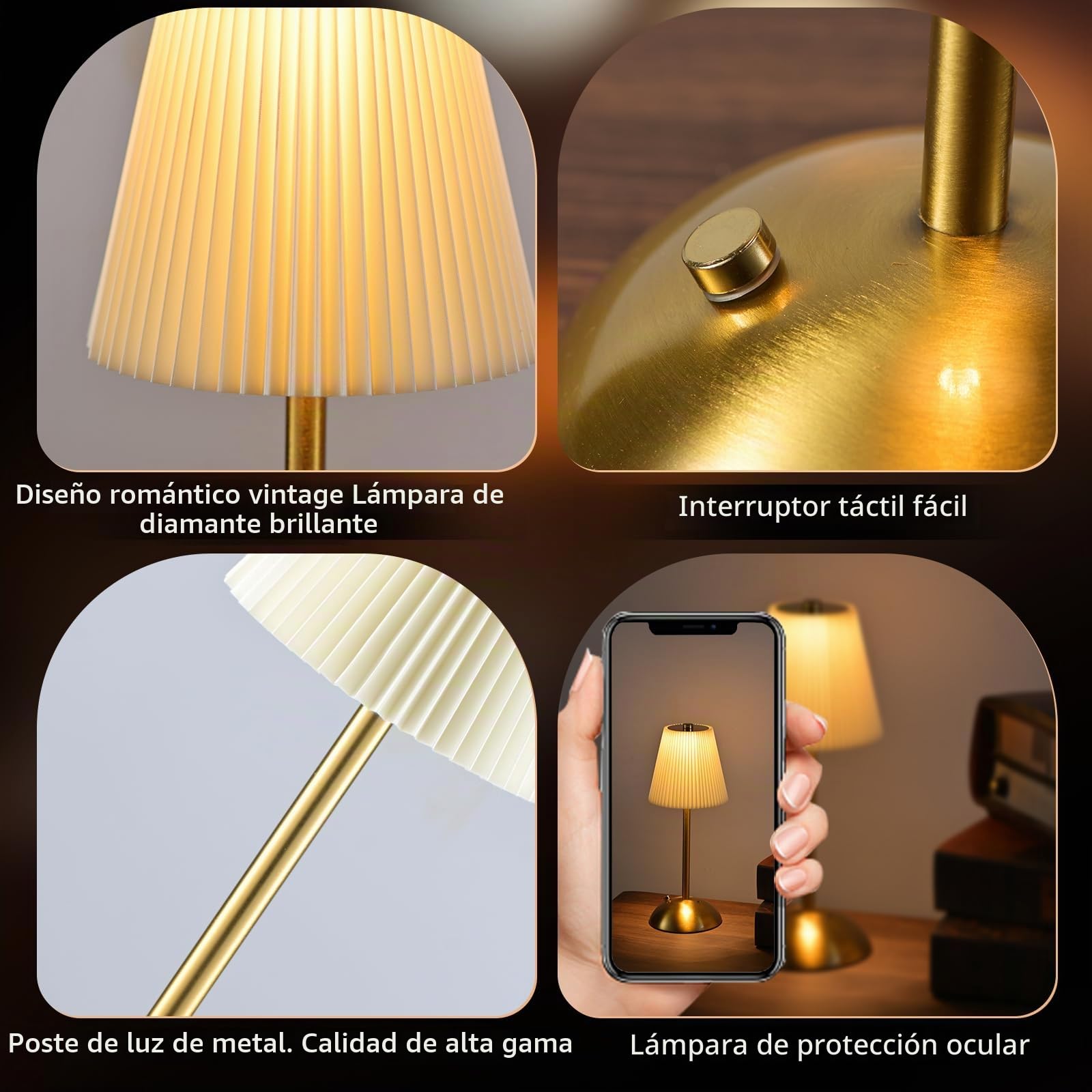 Lámpara de mesa inalámbrica LED, nocturna táctil, batería regulable, pantalla de lino blanco, batería recargable, conector USB-C