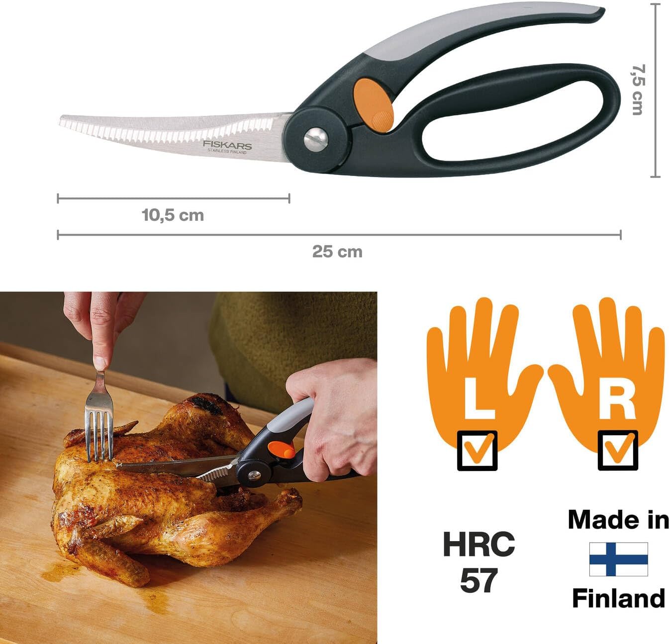 Fiskars Poultry Shear, Total Length: 25 cm, Quality Steel/Synthetic Material