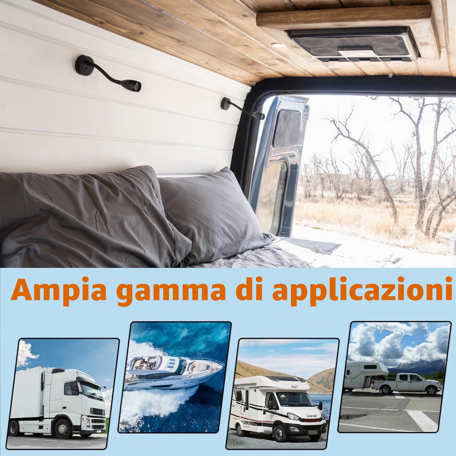 2 x Lampade da Lettura a LED 12V Dimmerabile Spot Camper Barca Lampada da Parete da Comodino 24V Flessibile a Collo di Cigno, Per Caravan Furgone, con Caricatore USB&Interruttore Dimmer