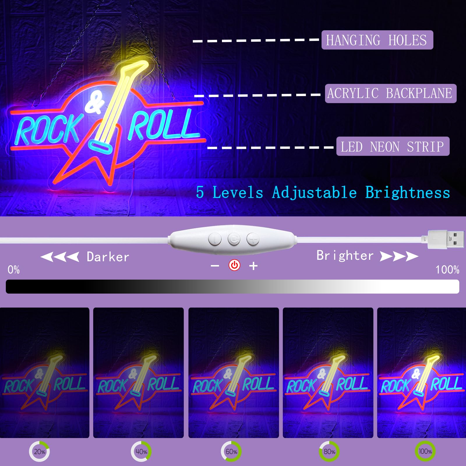 UExnkj-Y Rock Roll Neon Sign Neon Musical Guitar Rock Neon Logo USB Dimmable Neon Light Signs for Bedroom Playroom Music Studio Rock Party - Image 4