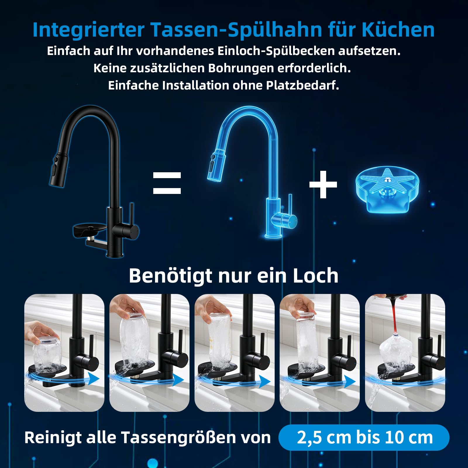 Küchenarmatur Wasserhahn Küche Glasspüler, Ausziehbar Dual-Auslauf Schwarz | Mischbatterie Küche Mynaiad mit Glasspüler Ausziehbar Armatur,360°-Drehung, Dual-Auslauf 304 Edelstahl gebürstet für Küche