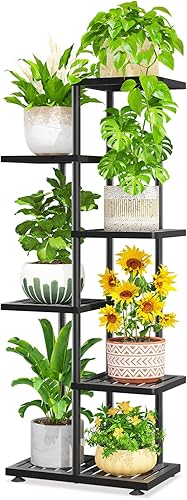 LASZOLA Soporte para plantas de 5 niveles para interiores y exteriores para macetas grandes y resistentes, estante alto de metal negro con múltiples