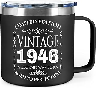 14oz Vintage Born in 1946 Coffee Mug, 80th Birthday Gift Cup for Men | Humorous Gift,Retro Style Mug,Double Wall Stainless Steel,Spill Proof Lid, Comfortable Handle