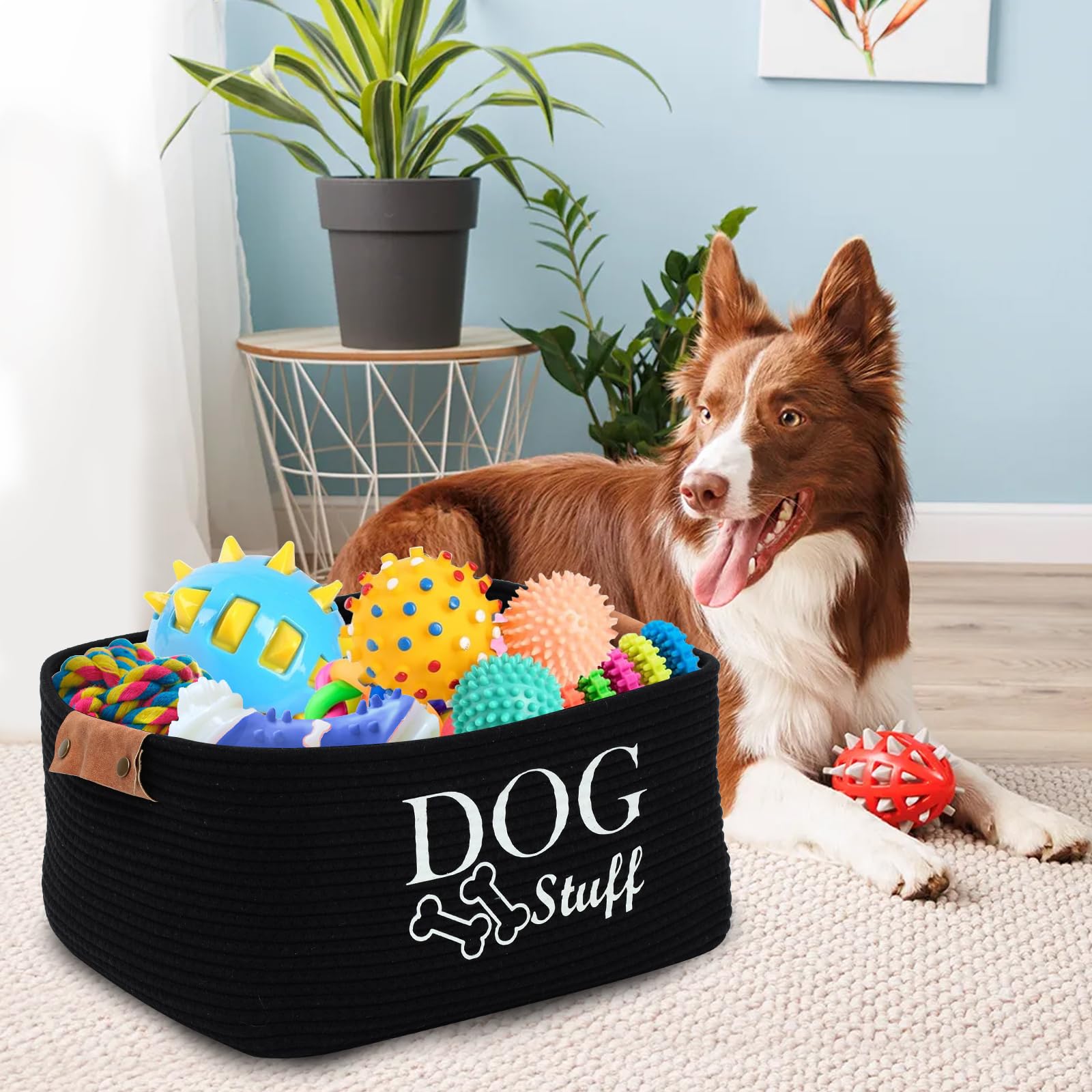 Geyecete-Cestino portaoggetti per giocattoli cani intrecciato in corda di cotone,Con manico in pelle,Portatile Cesto portaoggetti per giocattoli et vestiti/accessori per cane/gatti-Nero