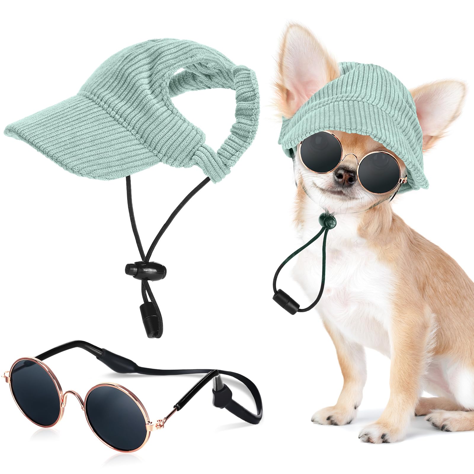 Jadive X-Small Dog Sun Hat with Ear Holes, Dog Cat Sunglasses with Anti-Slip Silicone Rope Baseball Cap Adjustable Puppy Sunbonnet Headdress Beach Visor Hat for Puppies Summer Outdoor(Green)