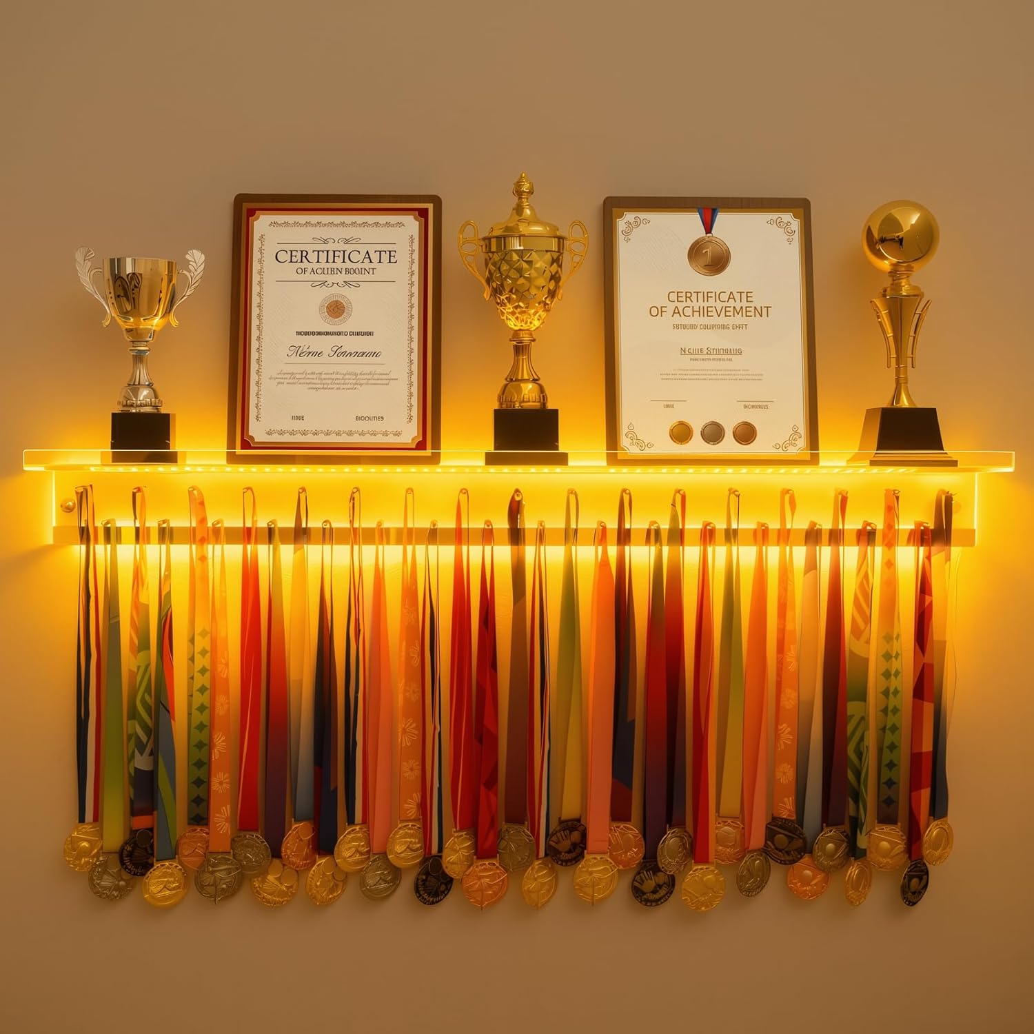 Omhuzsyo LED Light Up Acrylic Medal Display Rack - 45.2" Wall Mount Trophy Shelf Holder for Runners, Gymnasts, Basketball, Football