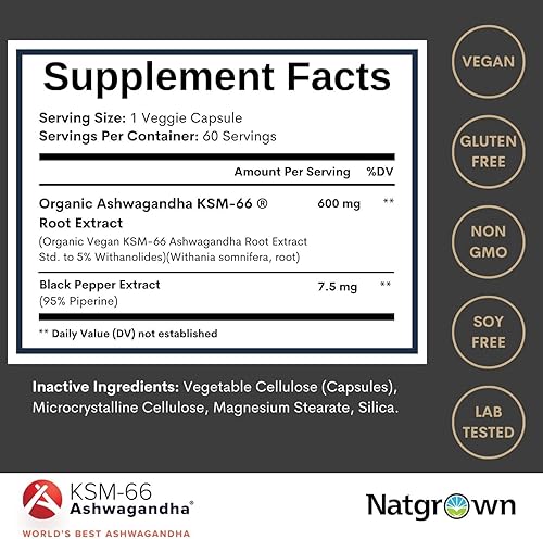 Miniatura 4 de Natgrown Ashwagandha KSM 66 Suplemento 600 mg  Estrés, estado de ánimo y apoyo atlético  Extracto de raíz KSM66 orgánico con 5% de Withanolides