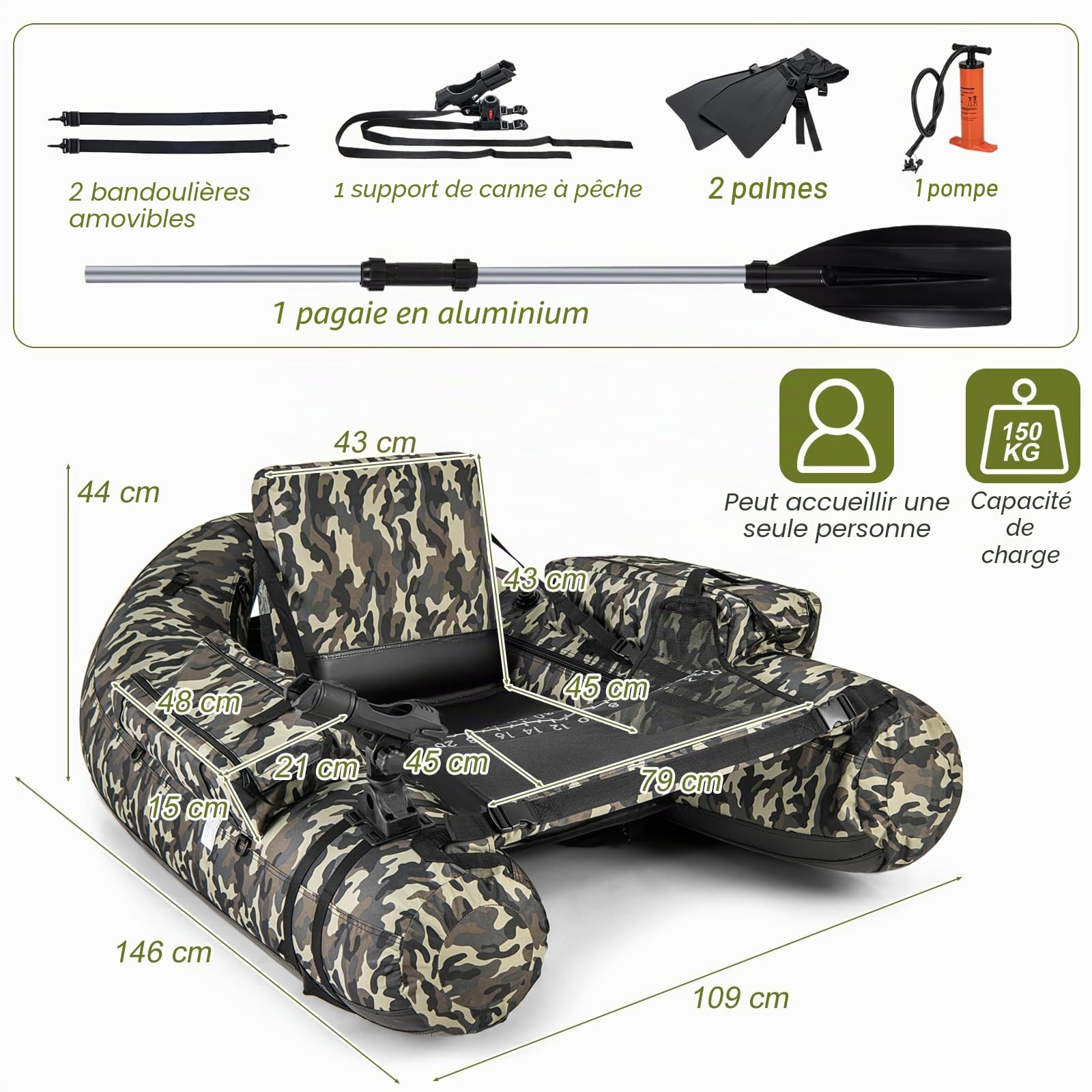 HOMASIS Bateau de Pêche Pneumatique pour Adultes,Bateau Gonflable Simple avec Palmes/Pompe/Pagaie pour gonflage,Canot de pêche avec Réservoir Gonflable pour Pêche Charge 150 kg,Camouflage