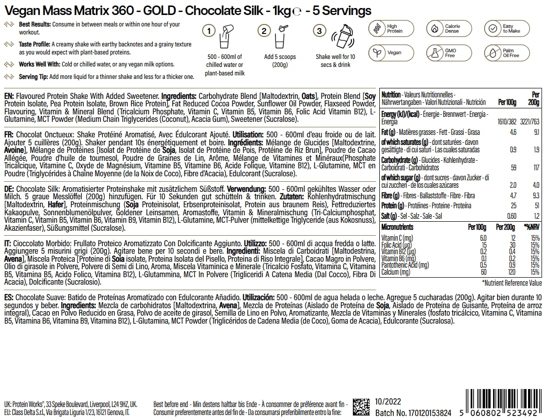 Protein Works | Vegan Mass Matrix 360 – GOLD Innovation, Gain de Masse Vegan, Supplément Gain de Poids, Tri-Protéines, Acides Aminés, Shake Post-Workout, Chocolat Onctueux, 5 Portions, 1kg