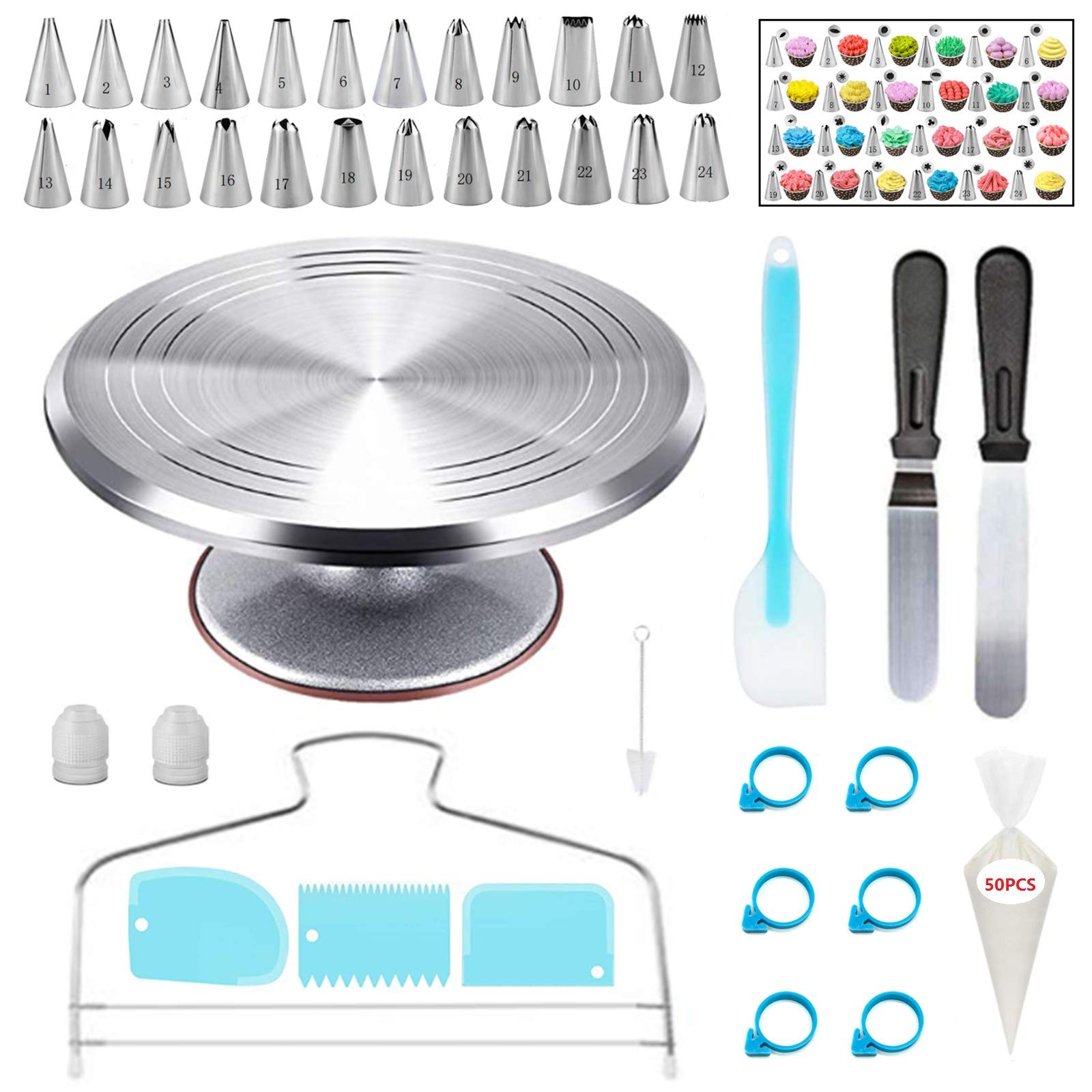 92 Pcs Cake Decorating Kit Supplies with Aluminium Alloy Rotating Cake Turntable & Leveler,24 Numbered Icing Tips,3 Spatulas,3 Comb Scrapers,2 Couplers,50 Disposable Pastry Bags