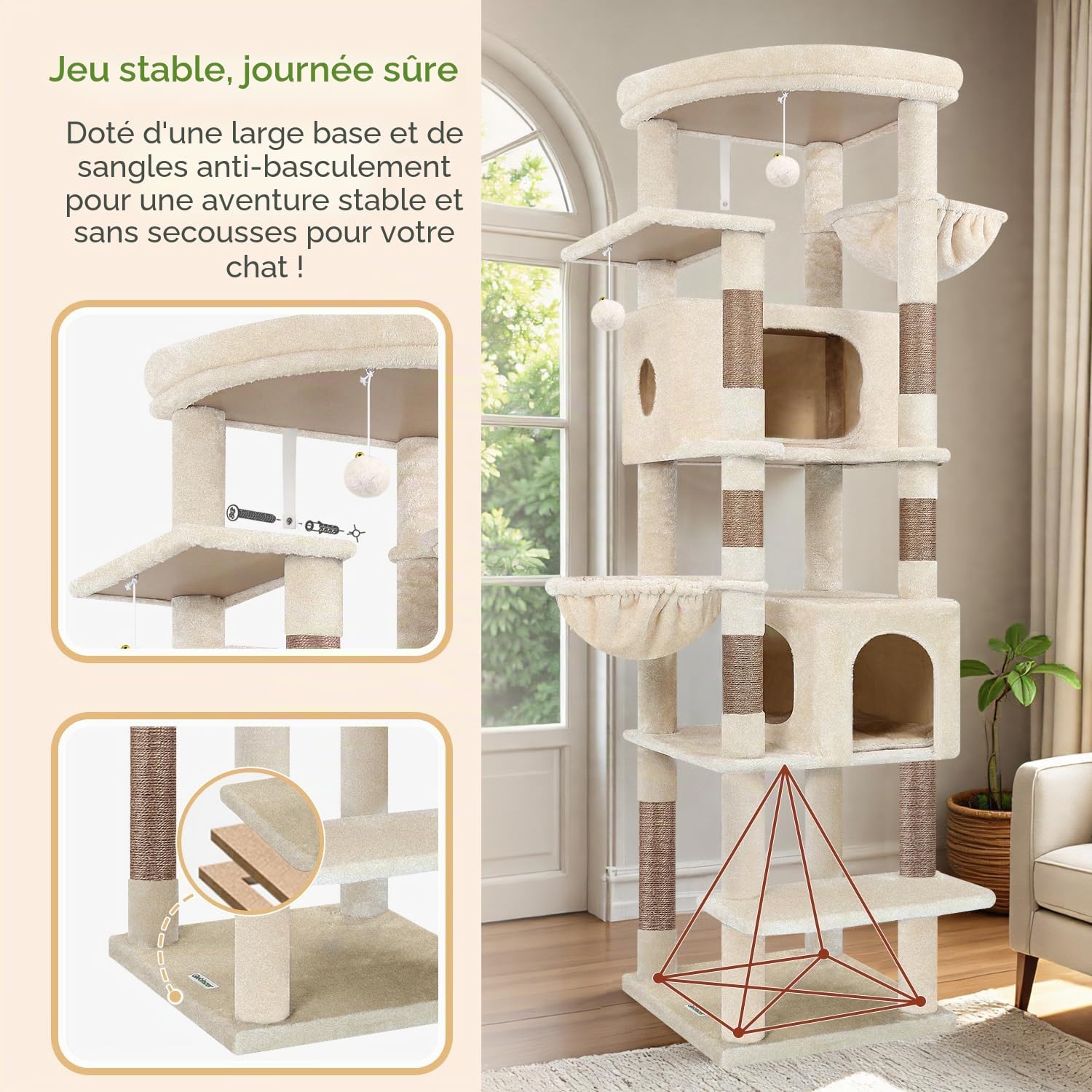 Globlazer Arbre à Chat Beige Grand Haut 188 cm avec 2 Grande Niches, Doux Plate-Forme, 2 Panier, Arbre a Chat Stable Résistant à la Pointe pour Gros Chats Grimpent Reposent Grattent (S74, Beige)