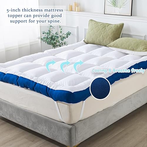 Miniatura 5 de WhatsBedding Cubrecolchón de espuma viscoelástica de 5 pulgadas, 100 % algodón, relleno de espuma viscoelástica transpirable y suave, 4 correas