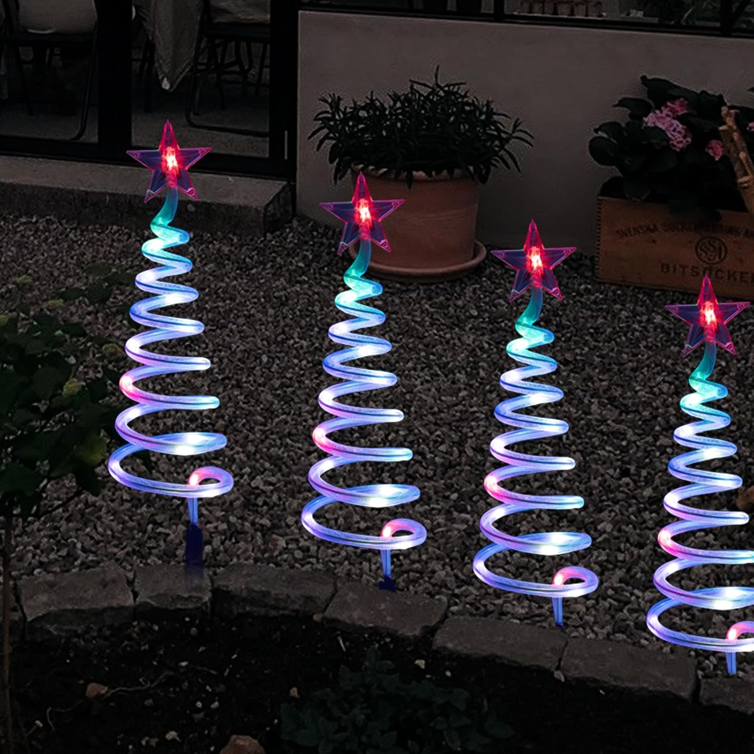 4 Pcs Smart Spiral Christmas Pathway Lights Outdoor Smart Multicolor Spiral Xmas Trees Lights with APP & Remote Control, DIY, Timer, Waterproof, LED Christmas Outdoor Decorations for Yard Walkway