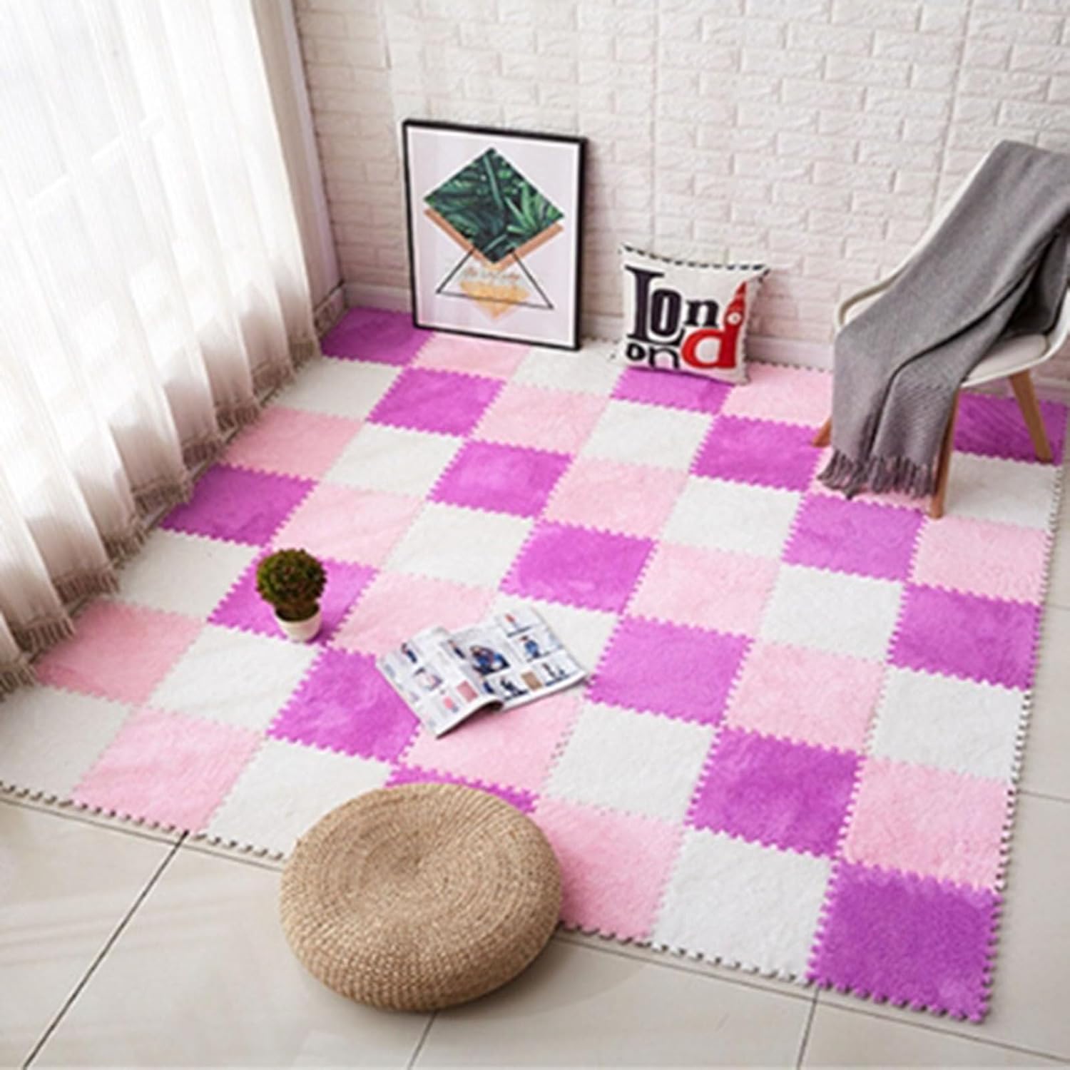 9pcs Interlocking Floor Mat with Edgings, 30x30x1cm Thickened Square Foam Tiles, Plush Foam Puzzle Playmat, DIY Install Tiles Mat for Floor(White+Pink+Purple)
