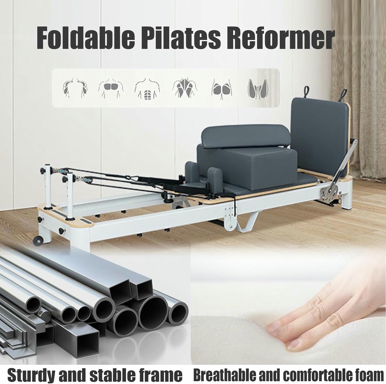 Reformer per Pilates Pieghevole, Attrezzatura per Esercizi Pilates Regolabile per la casa con Molle, Trampolino e Seduta