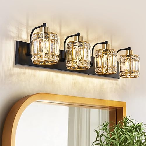4 Lights Bathroom Vanity Light, Crystal Bathroom Light Fixture Over Mirror, Matte Black and Gold Rotatable Indoor Wall Lights | Chrome Glass Modern Lampshade for Sink, Mirror & Foyer Corridor