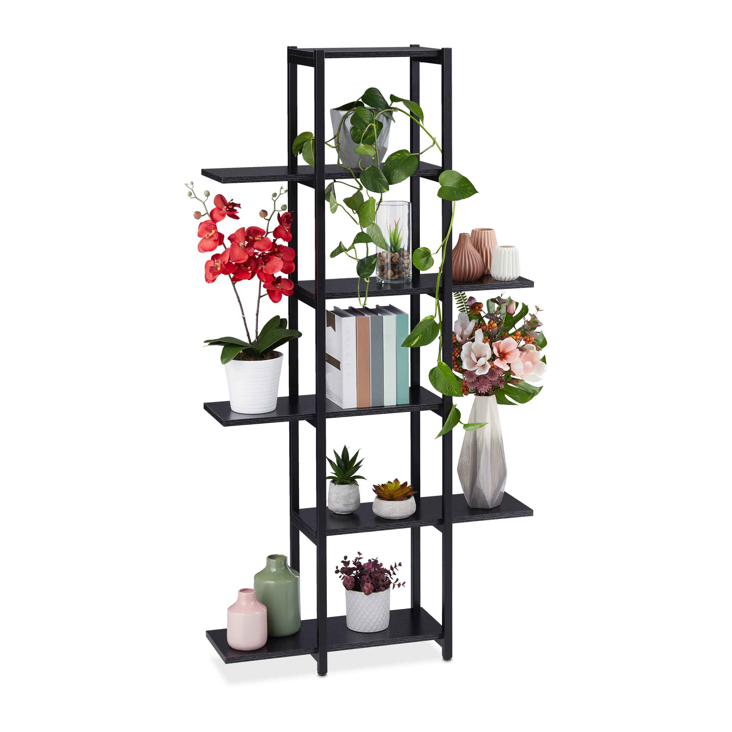 Relaxdays Étagère à Plantes, escalier Fleurs, 6 Niveaux, HLP 150 x 78 x 24 cm, Acier MDF, Support intérieur, Noir