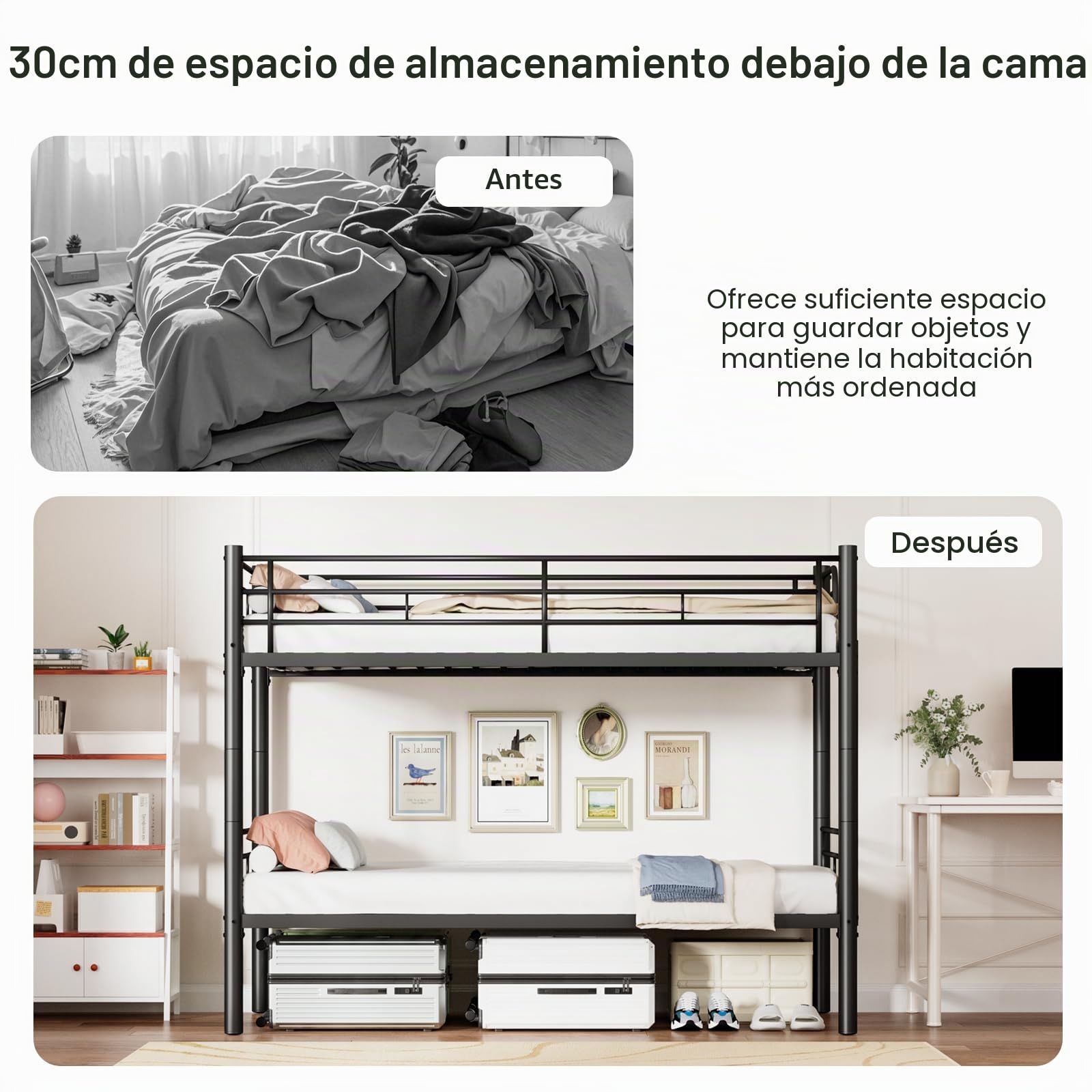 Litera de metal de 90 x 200 cm, se puede dividir en dos camas individuales, litera con escalera y protección anticaídas para adolescentes y adultos, color negro
