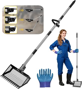 2-in-1 Chicken Poop Scooper & Rake, 3 Angles of Use with 10 Metal Shovel Head, Adjustable Stainless Steel Handle 3676, Chicken Poop Scoop for Sand & Bedding
