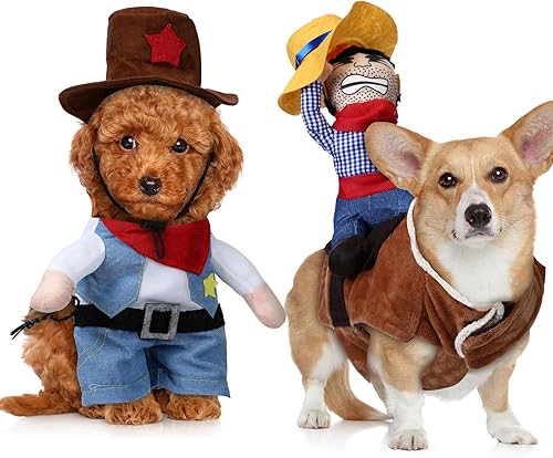 Abbylike 2 piezas de disfraz de vaquero de Halloween para perro, disfraz de caballero para mascota con muñeca y sombrero, divertidos disfraces de