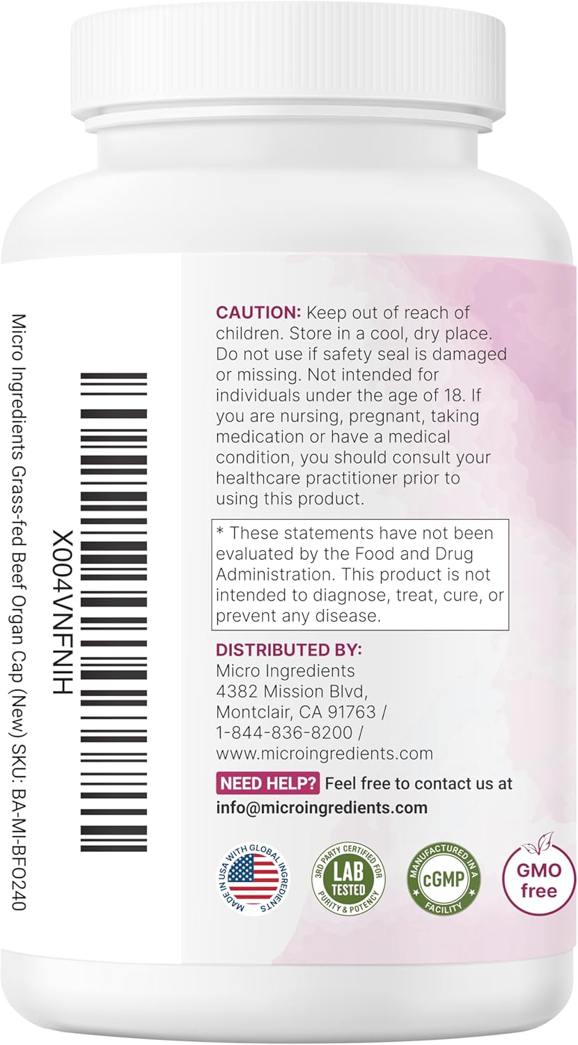 Micro Ingredients Grass‑Fed Beef Organ Supplement for Women – Bovine Beef Liver, Kidney, Heart & Uterus Tissue – 1,200 mg Organ Blend Plus Vitamin C, Colostrum & Collagen – 240 Capsules, No Fillers