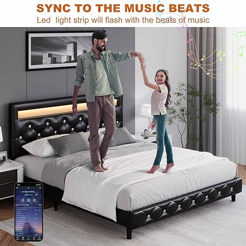 Miniatura 5 de Keyluv Moderno marco de cama Queen tapizado con luces LED, base de cama de piel sintética de bajo perfil, cabecera capitoné ajustable con botones de