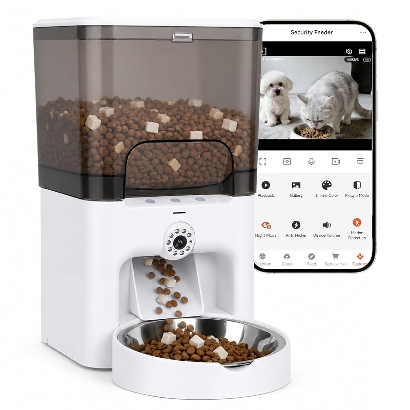 Comedouro Automático para Gatos TENECUTE com Câmera 2K, Wi-Fi 2,4G/5G, Áudio Bidirecional e Reservatório de 6 L