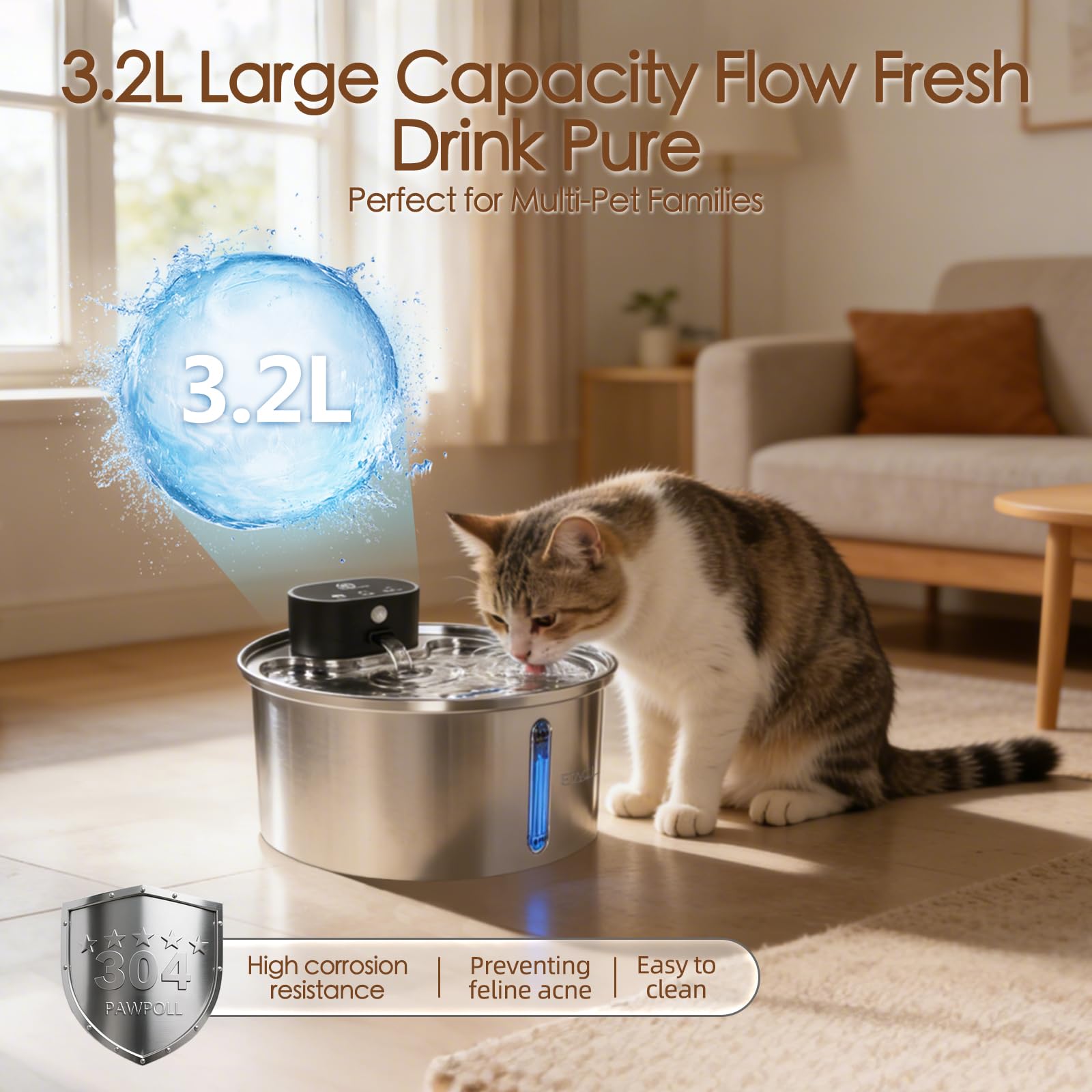 ETACCU Wireless Cat Water Fountain Stainless Steel - 3.2L/108oz, Pet Water Fountain Battery Operated with Motion Sensor, 3 Modes, Quiet Pump, Cordless Water Fountain for Cats and Small Dogs - image 2