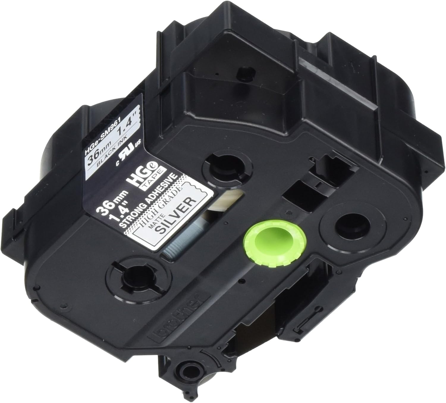 Brother Genuine P-Touch, HGe-S961 5 Pack Tape (HGeS9615PK) 1.4"(36mm) x 26.2ft(8m) Extra Strength Adhesive, Black on Matte Silver, Indoor/Outdoor Use, Extreme Temps, Chemical and Moisture Resistant