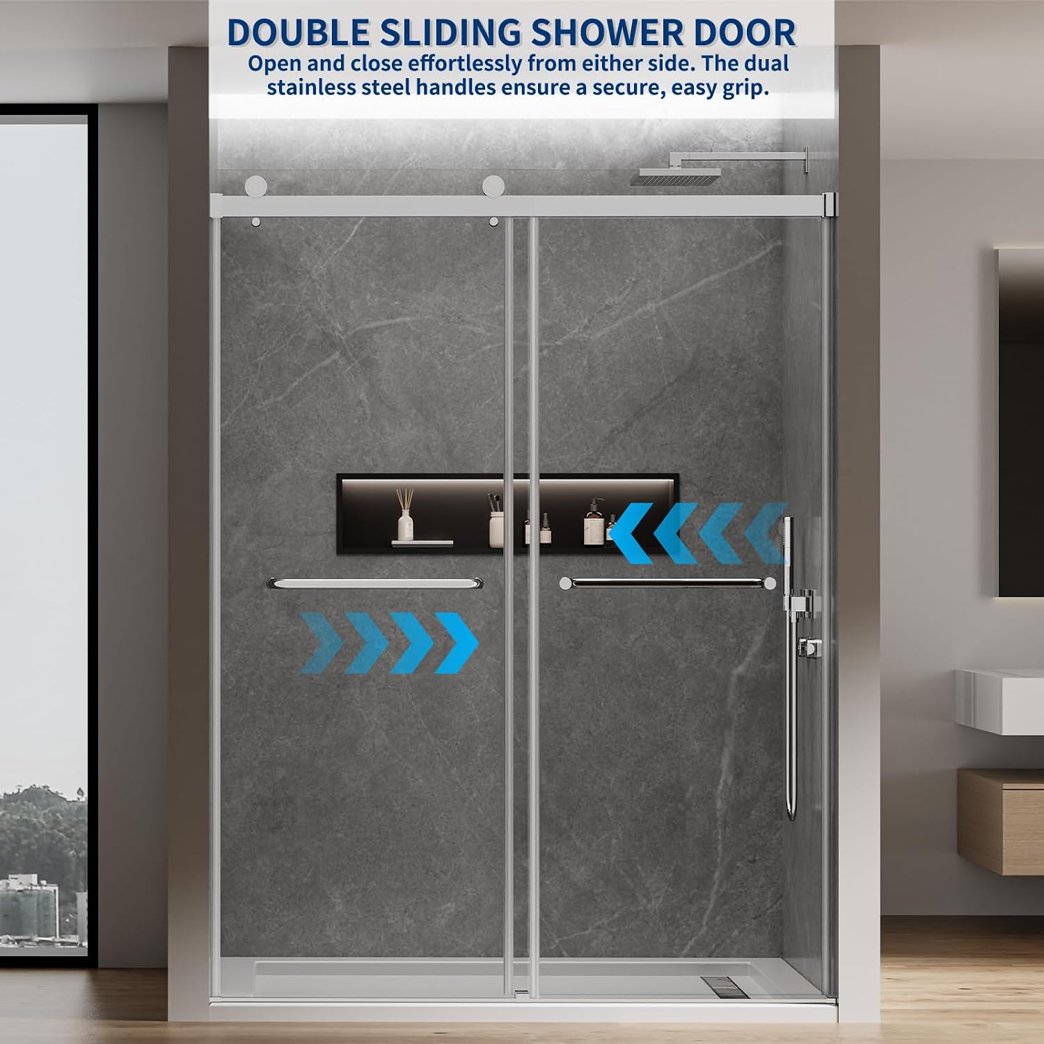 56-60" W x 76" H Double Sliding Shower Door, 5/16" (8mm) Clear Tempered Glass, Nano Coated for Easy Cleaning, Pull Handles Towel Rack, Stainless Steel Hardware (Bright Chrome)