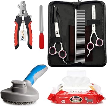 Dog Scissors Grooming Kit with Pet Nail Clipper for Dogs, Includes Dog Cat Brush Pet Soft Brush for Shedding Removes Loose Undercoat, with Pet Wipes