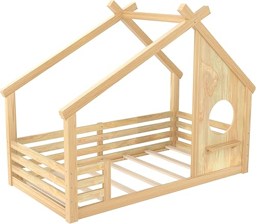 Miniatura 56 de Bellemave Cama individual para niños, cama de madera de pino, camas Montessori para niños, color blanco con estante Blanco,Madera de pino gris,gris