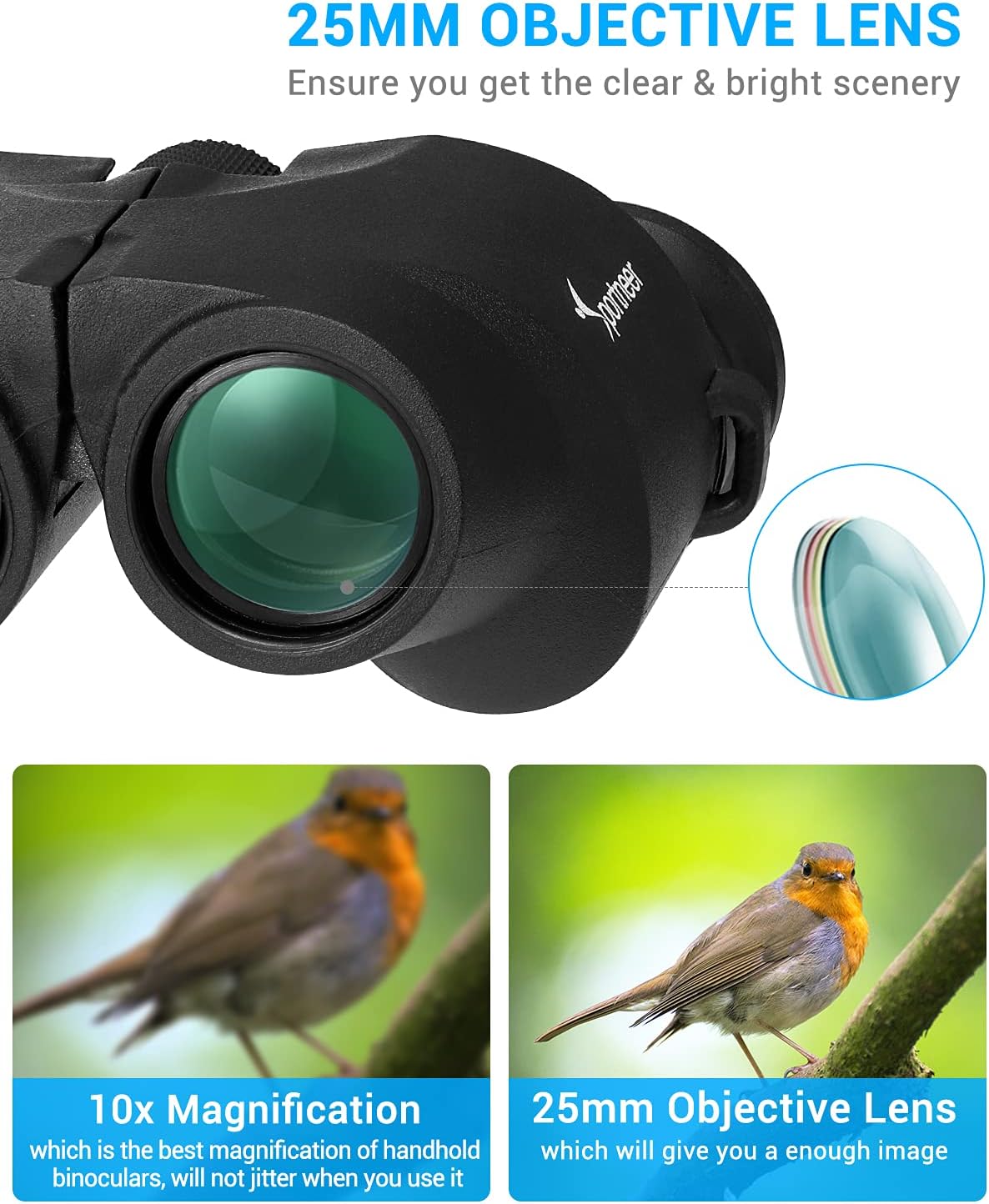 Binoculars for Adults and Kids, Sportneer 10x25 Waterproof Binoculars for Adults Compact Binoculars with 15mm Foldable Soft Eyepiece for Hunting Hiking Bird Watching Concerts Outdoor
