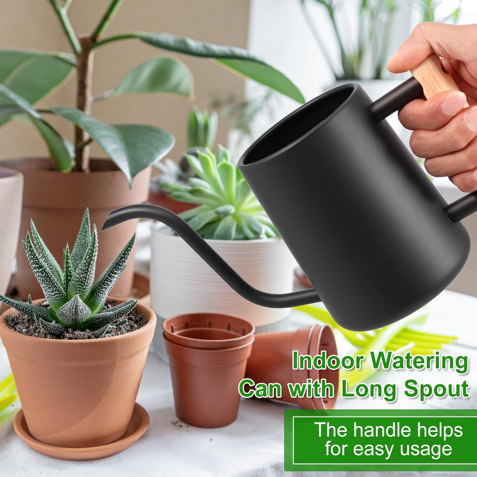 Annaffiatoio piccolo, in acciaio inox, per piante da interno, beccuccio lungo, piccolo annaffiatoio per appartamento, ufficio, balcone, piante grasse (500 ml, argento