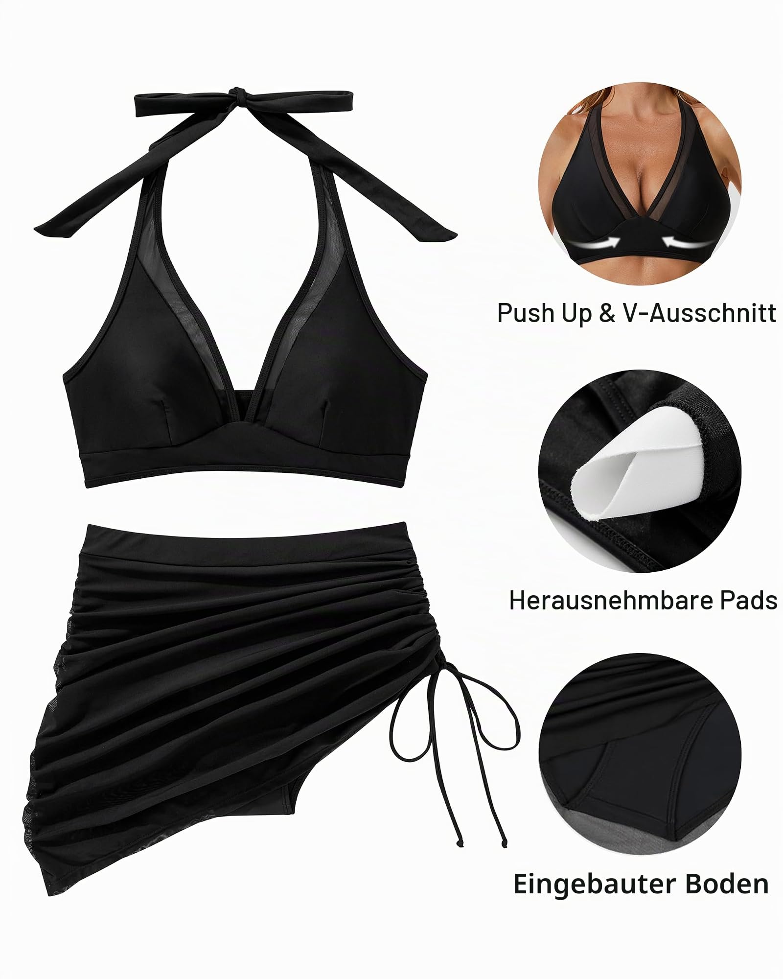 DOULAFASS Damen Mesh High Waist Bikini mit Rock Push Up Bikini Set Neckholder Bauchweg Bademode