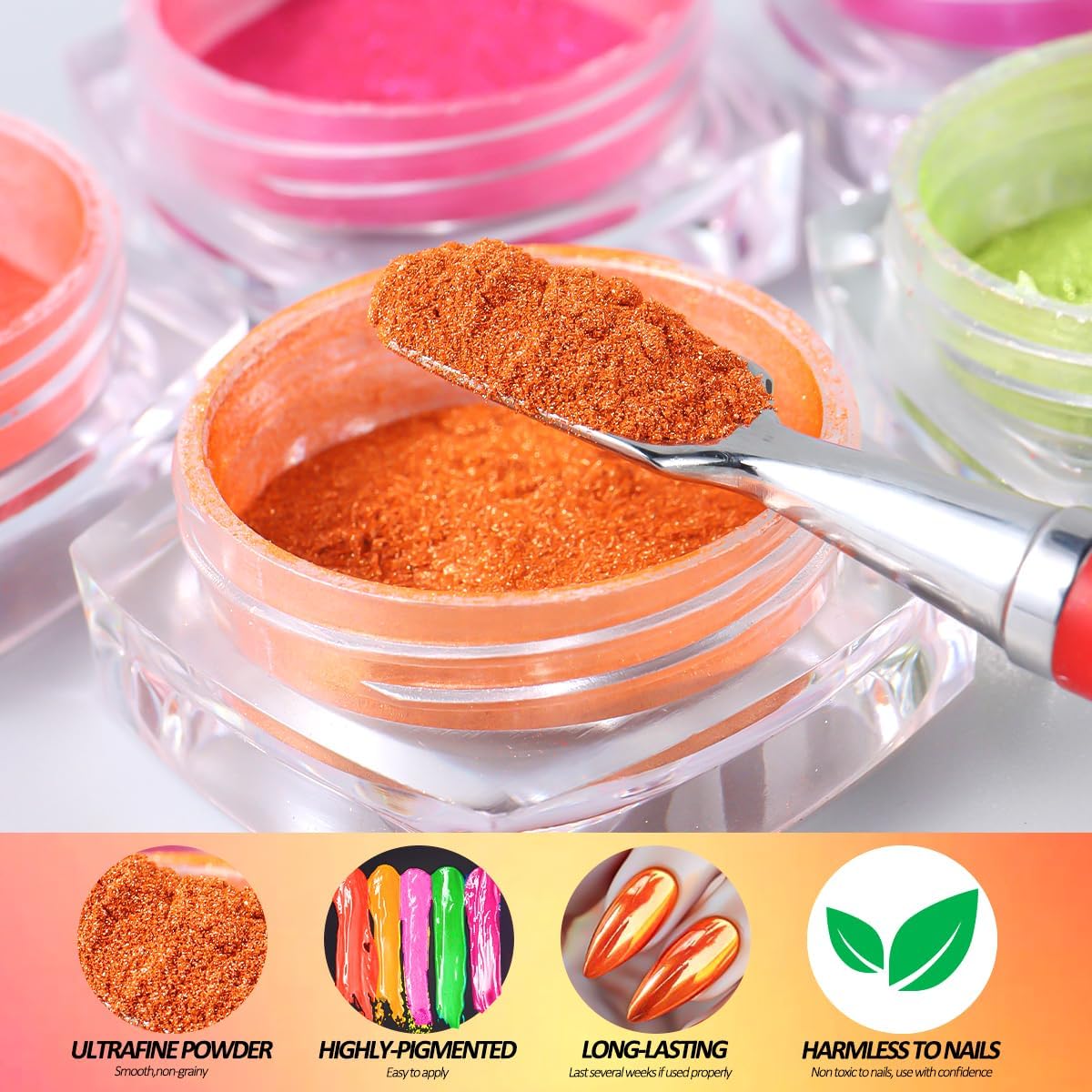 Neon Nail Pigment Powder, 5 Colors Metallic Mirror Effect Chrome Nail Powder, Gradient Iridescent Nails Design Rubbing Dust Manicure Glitter Kit for Nail Art Decoration Home DIY Salon Use