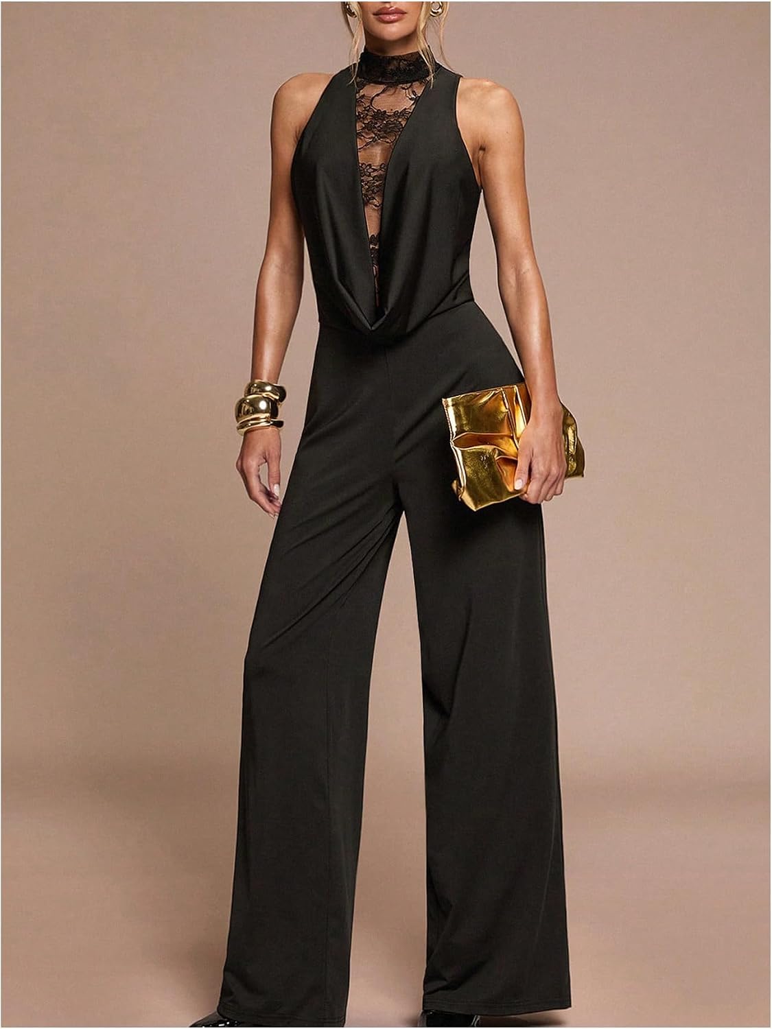 MakeMeChic Women's Elegant Lace Dressy Jumpsuit Sleeveless Draped Wide Leg Pants Romper One Piece Outfits