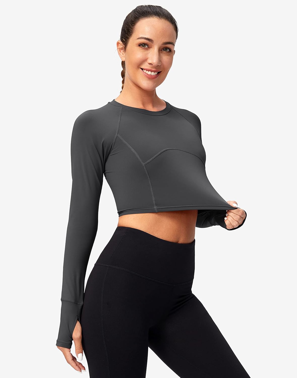 SANTINY Women's Long Sleeve Crop Workout Tops Slim Fit Gym Yoga Running Shirts for Women - Image 5