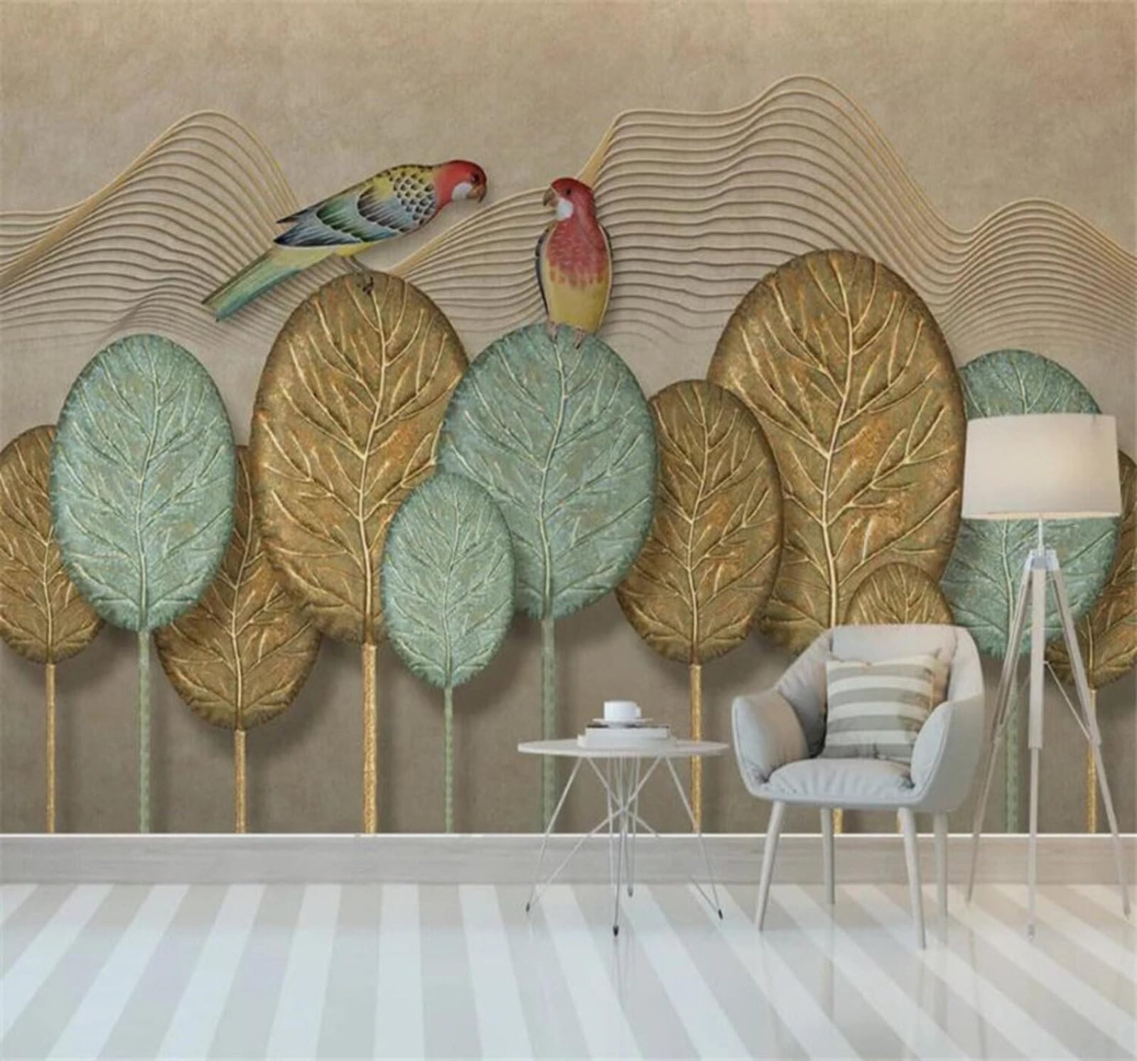 Minimalist Abstract Hand Drawn Golden Leaves Forest Parrots 3D Wallpaper Easy Install Feature Office Living Room Sofa Bedroom TV Background Wall Decoration-150cm×105cm
