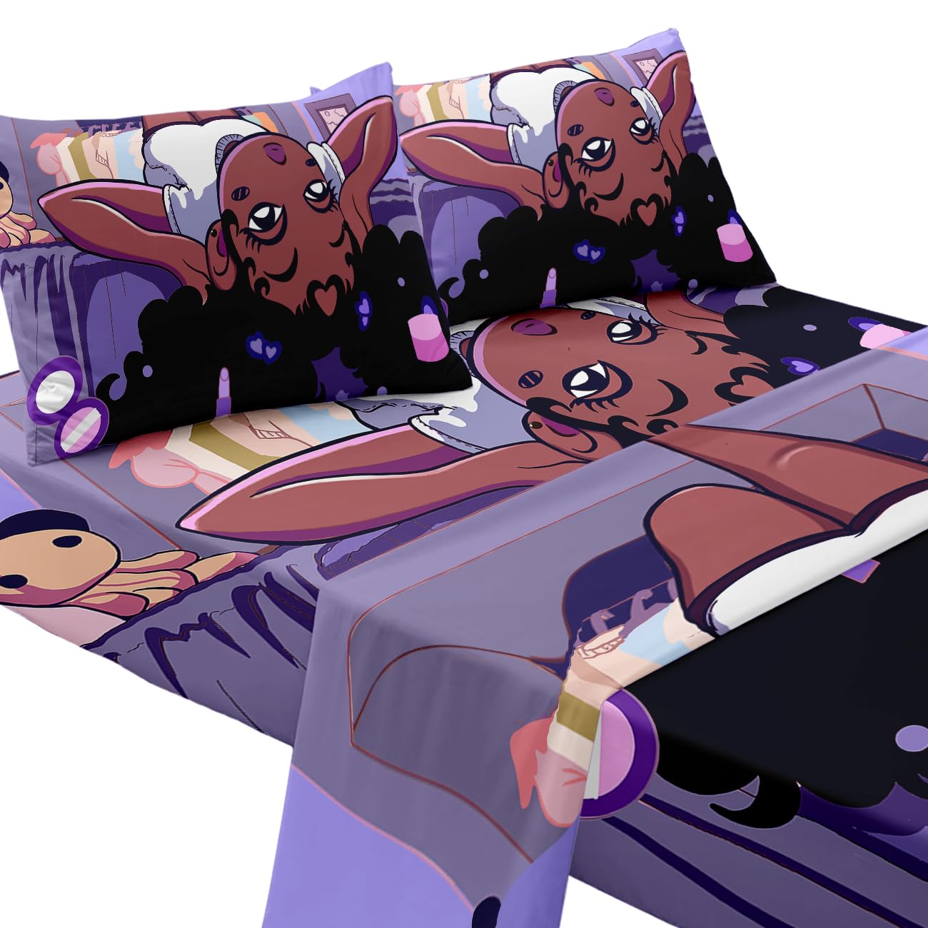 Black Girl Sheet Set - African American Girl Bed Fitted Sheet Sets for Grils Bedroom Decor Kids Purple Twin Size Bedding Sets Gifts for Girls Kids Teens (1 Flat Sheet+1 Fitted Sheet+1 Pillowcase)