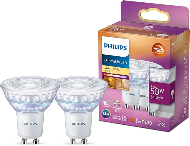 Philips LED Classic Dimmable Light Spot 2 Pack [GU10] 3.8W - 50W Equivalent, 220 - 240V, Warm Glow, 2200 - 2700K .
